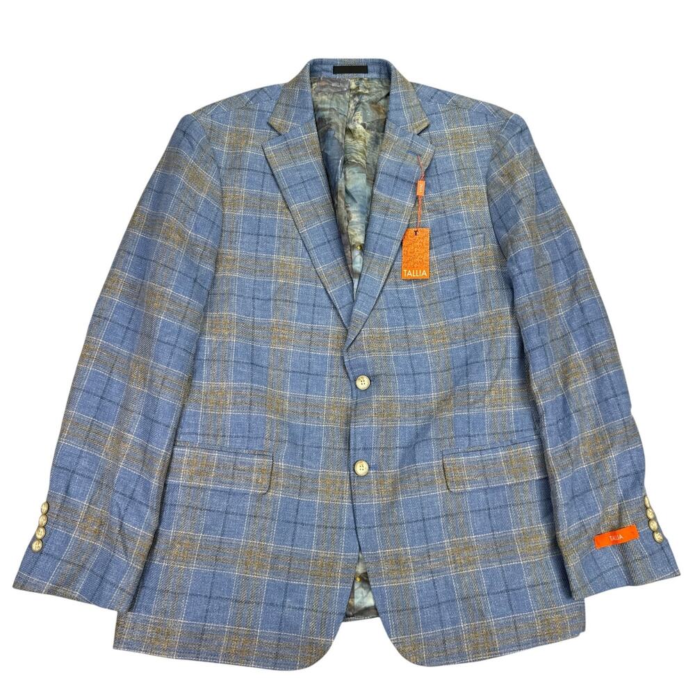 Tallia Mens Slim Fit Linen Rayon Plaid Sport Coat Blue Tan 46L